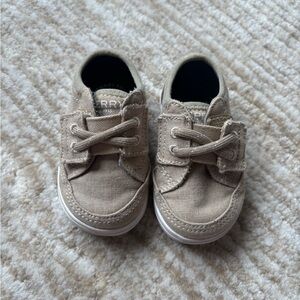 Sperry Baby Tan Canvas Shoes with velcro straps. Size 2M good condition.